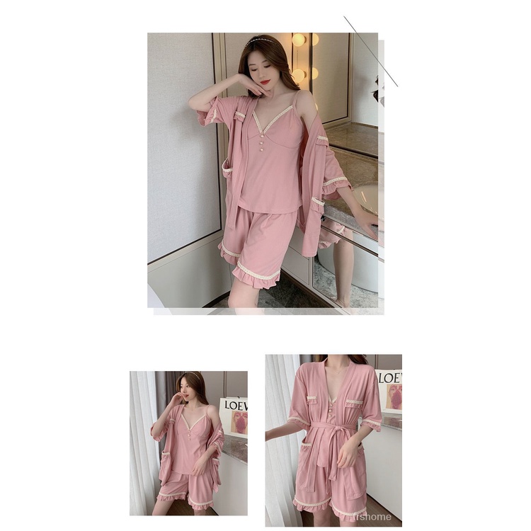 Piyama katun wanita musim panas lengan pendek dua atau tiga potong set di dalam baju tidur bretel se