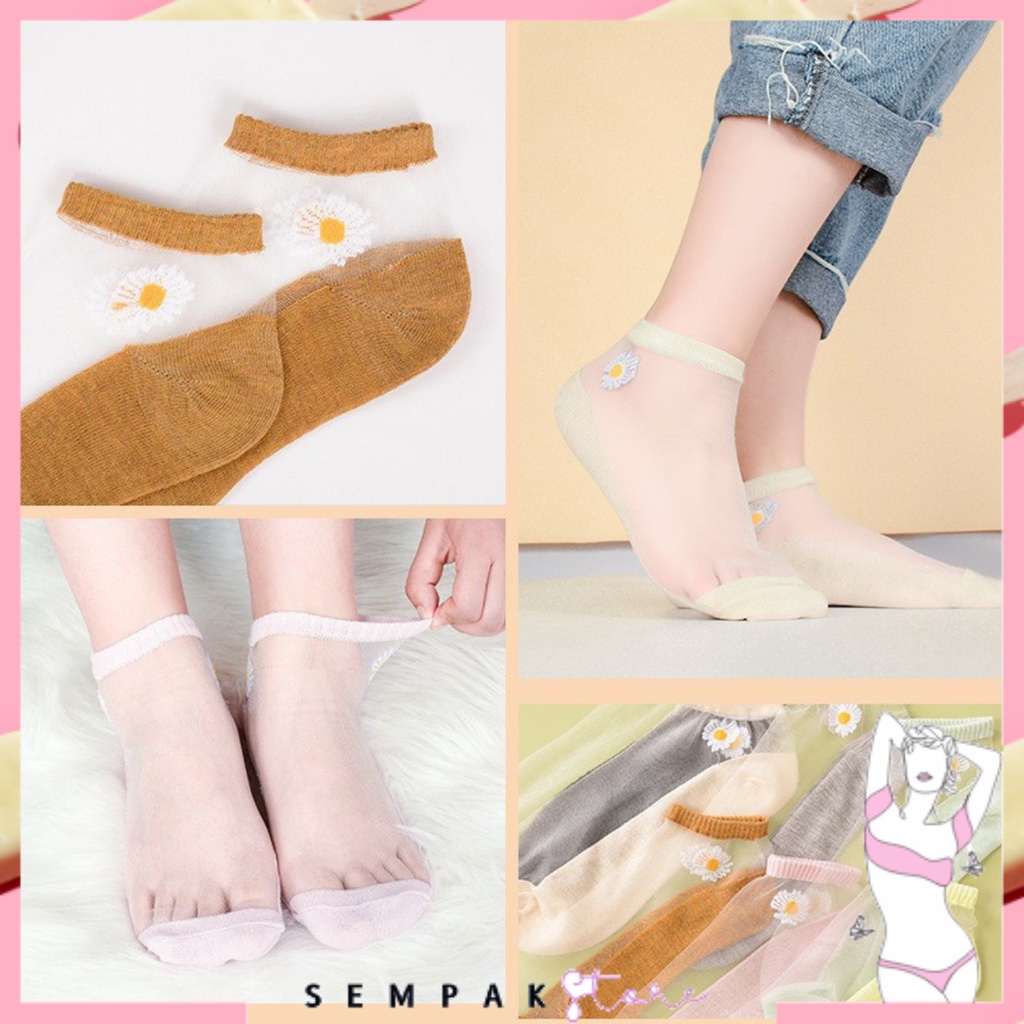 SS Kaos Kaki Wanita Fashion Transparant Motif Bunga Daisy Kaos Kaki Wanita Motif Bunga Korea impor