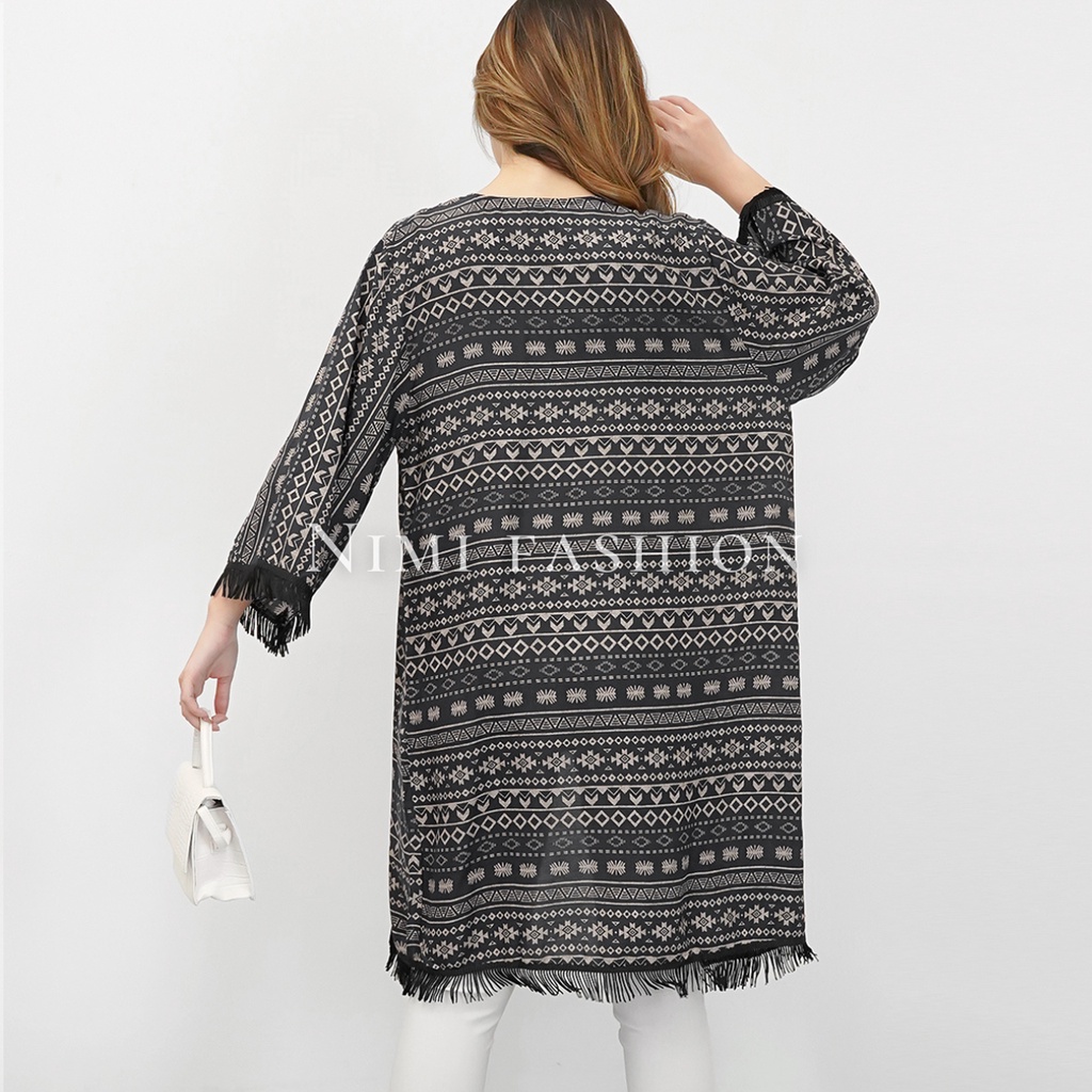 NIMI - Cardigan Panjang Fringe Long Cardigan Etnik Outers Bohemian Panjang
