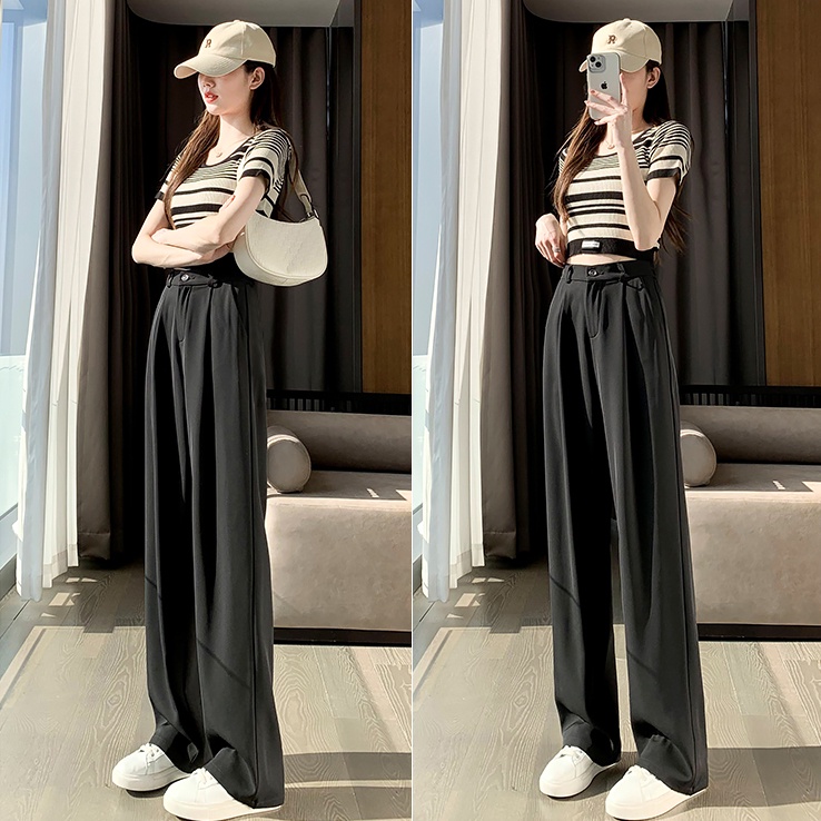 Putih / Hitam Highwaist Loose Kulot Celana Panjang Kasual Wanita Kekinian