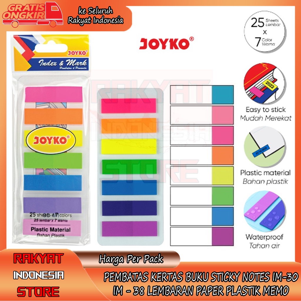 

STICKY NOTES JOYKO IM - 30 PEMBATAS PENANDA KERTAS BUKU IM – 38 CATATAN LENGKET WARNA WARNI PLASTIK PAPERS PAPER 25 SHEETS 7 COLOUR COLORS TEMPEL PERLENGKAPAN SEKOLAH KERJA KANTOR BELAJAR ATK CLIP NOTE ALAT TULIS MEMO