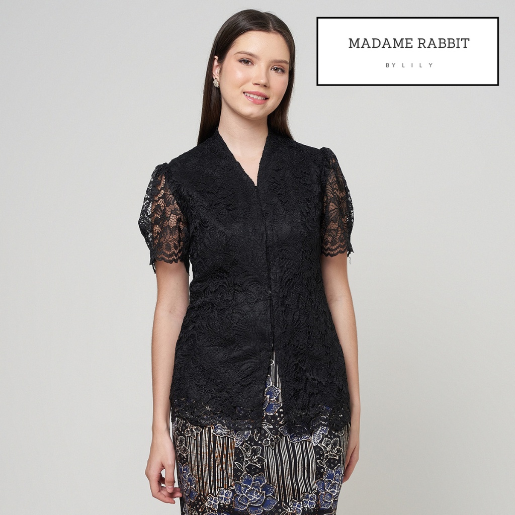 Blouse Kebaya Brokat Modern Madame Rabitt Puff Hitam Lengan Pendek Furing