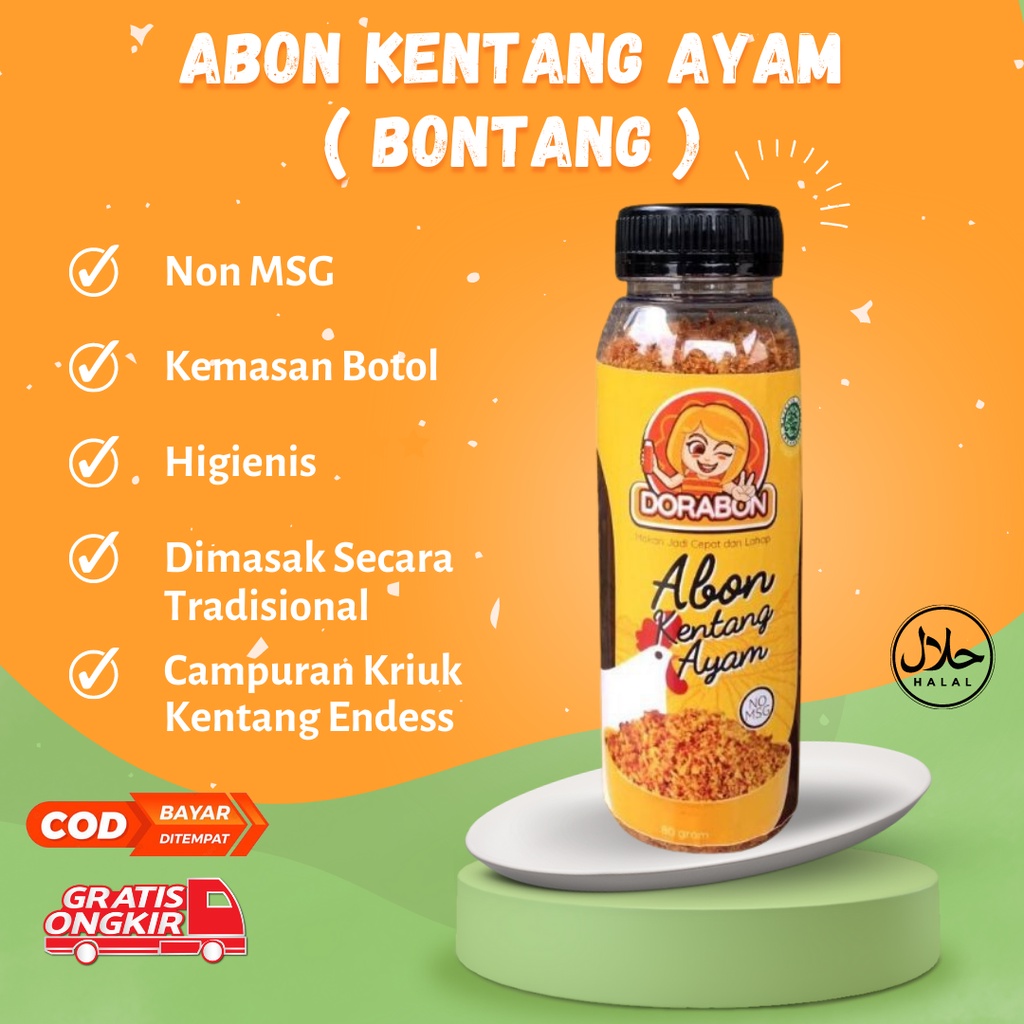 

ABON KENTANG AYAM ASLI DORABON PREMIUM TANPA BAHAN PENGAWET NON MSG HALAL ORIGINAL TERMURAH DIMASAK SECARA TRADISIONAL