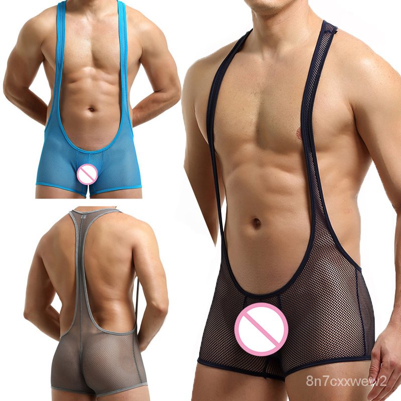 Sexy Mens Bodysuits Undershirts Mesh Transparent Jumpsuits Shorts Wrestling Singlet One-piece Leotar