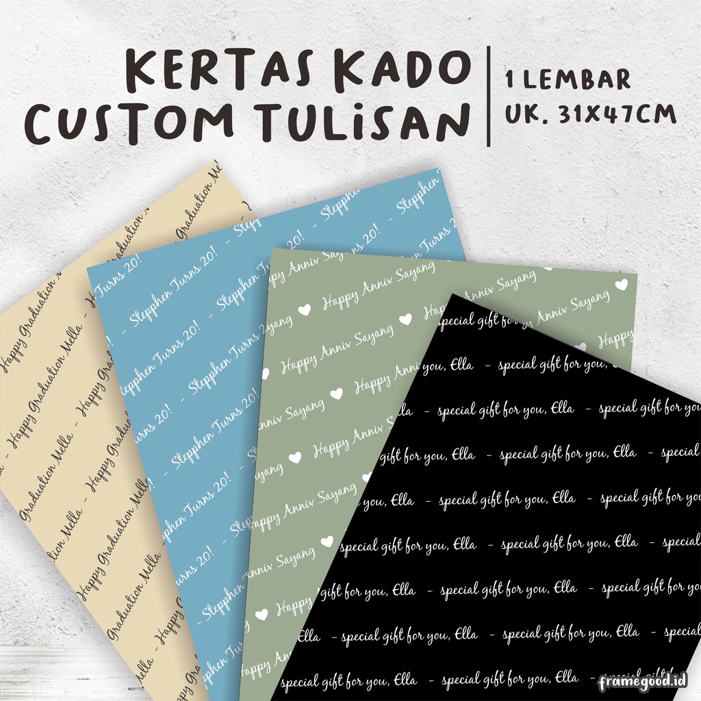 

KERTAS KADO CUSTOM TULISAN (1 lembar A3+) / graduation wedding birthday lebaran ulang tahun anniversary idul fitri natal