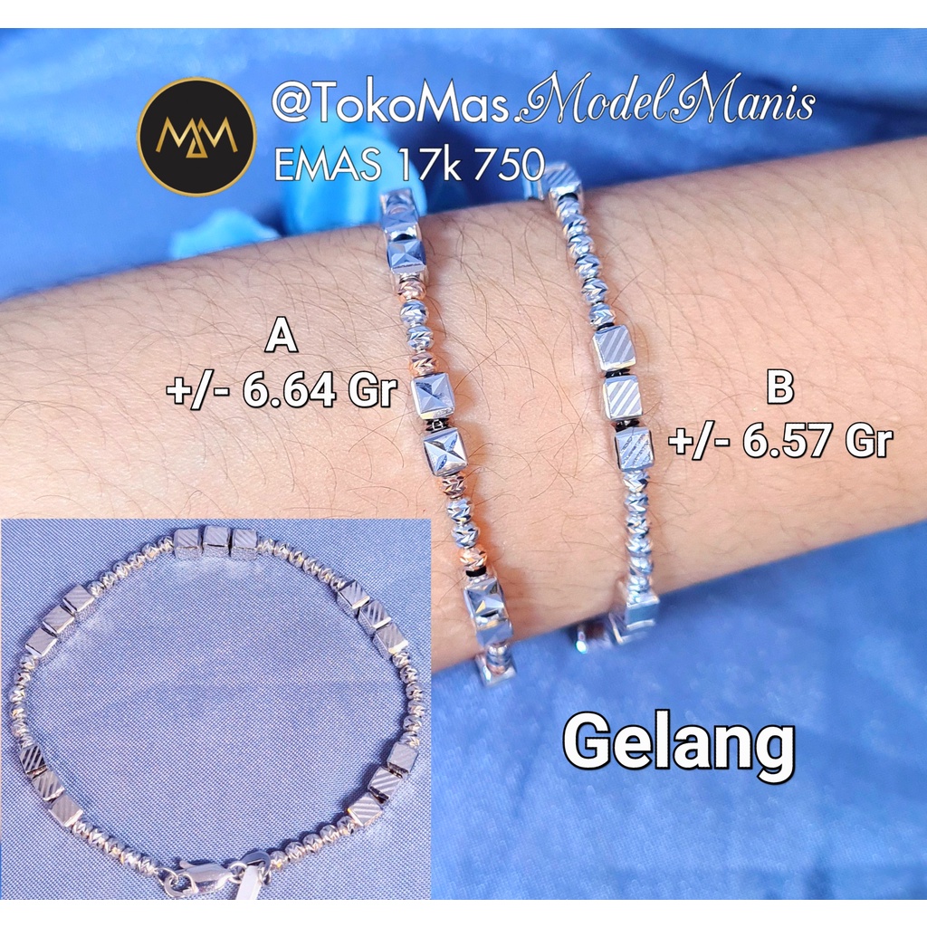 Gelang cube biji lada ukir emas putih 750 kadar 17k