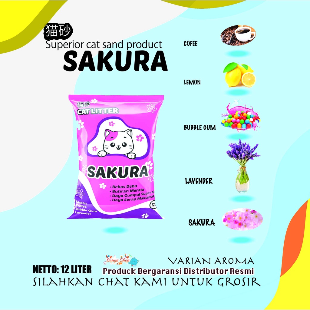 SAKURA 12 LITER-PASIR GUMPAL WANGI UNTUK KUCING-ANTI BAKTERI-ANTI KUMAN-BANYU SHOP