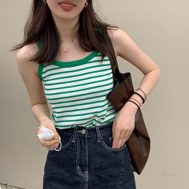 Red Rompi kecil bergaris ramping dengan tali gaun musim panas wanita desain rasa ceruk 2022 Versi Korea dari atasan tanpa lengan Prancis baru