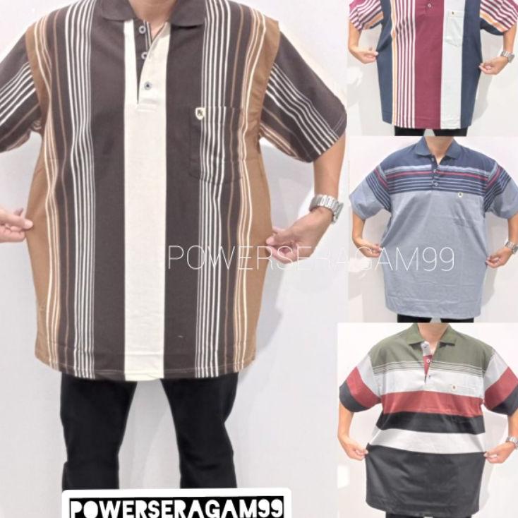 Terbagus.. kaos kerah motif salur XXL / 3L BIGSIZE kerah wangky ukuran besar katun salur kebawah pri