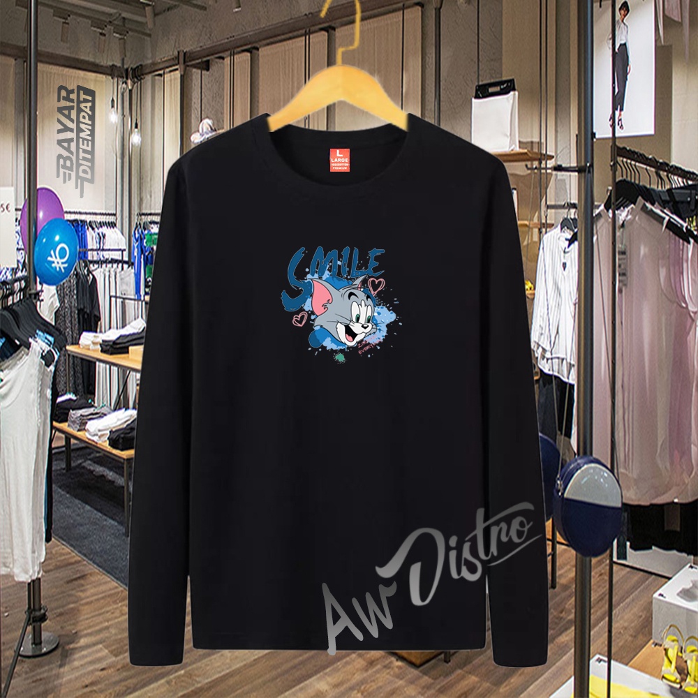 COD Baju Kaos Distro Smile Tom Jerry Teks Print Premium Quality Lengan Panjang Kaos Tulisan Kaos Kata-Kata Kaos Sablon Big Size