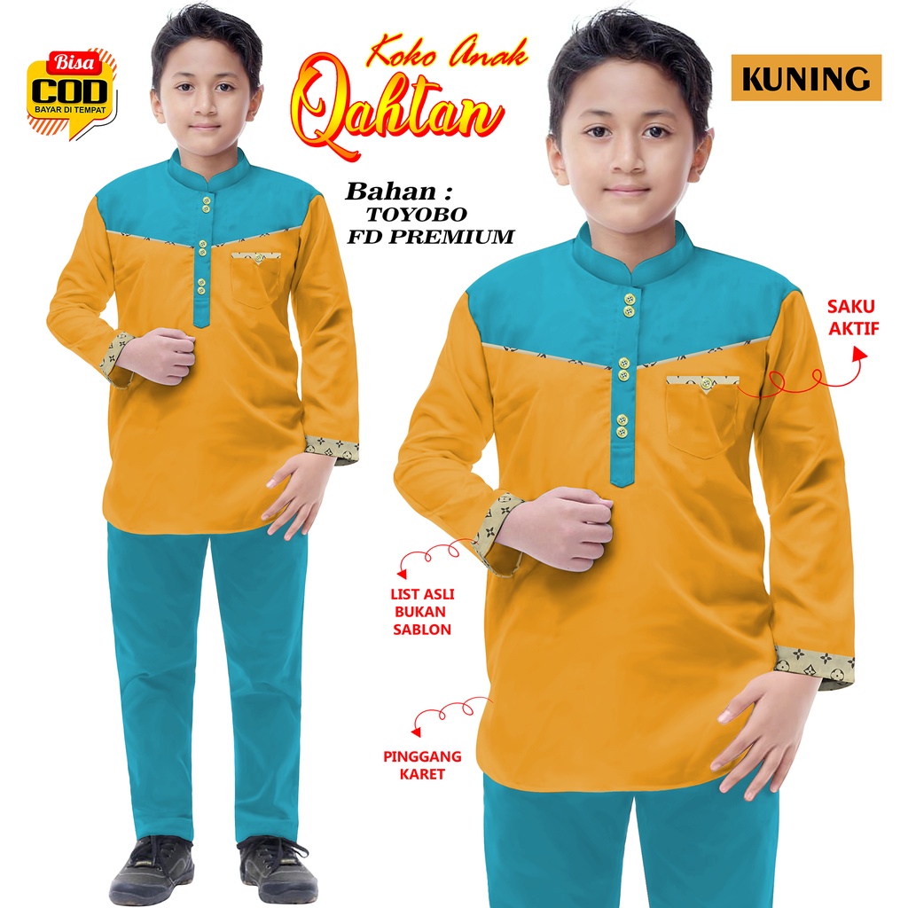 Setelan Koko Anak-Anak Qahtan Kombinasi Lengan Panjang Top Model 000133 BISA COD &amp; GRATIS ONGKIR Terbaru Baju Busana Muslim Anak Laki-Laki Ngaji Lebaran 2023 Bahan TOYOBO FD Premium