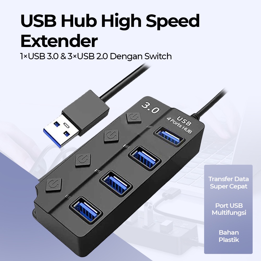 USB Hub High Speed Extender 1xUSB 3.0 &amp; 3xUSB 2.0 With Switch - OY446 - Black