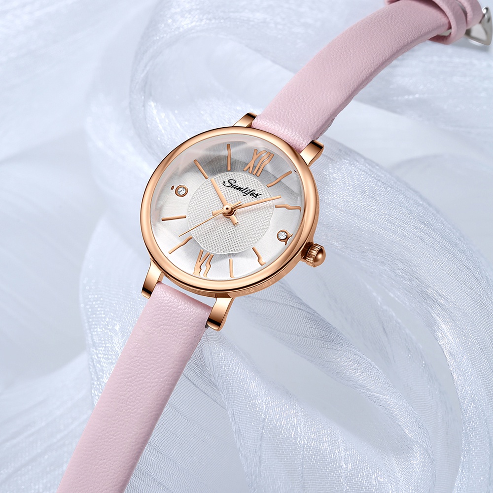 SUNLIFEX Jam Tangan Wanita Original Round Simple Dial Display Jam Tangan Wanta Analog Anti Air Kuarsa Tali Kulit Jam Tangan Cewek