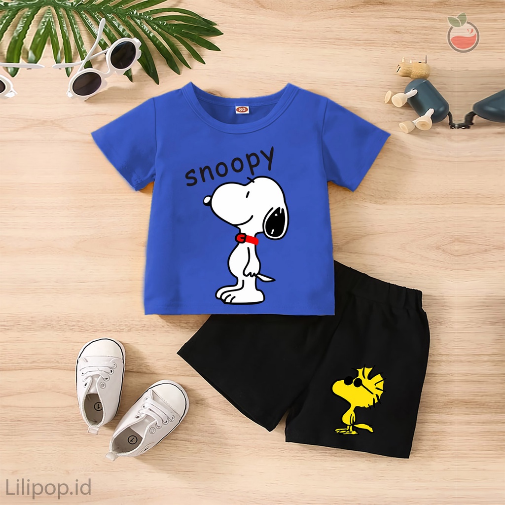 Baju Anak Stelan Kaos 3/4  SNOOPY Cowok Cewek  Usia 1 - 4 Tahun Celana Pendek Harian