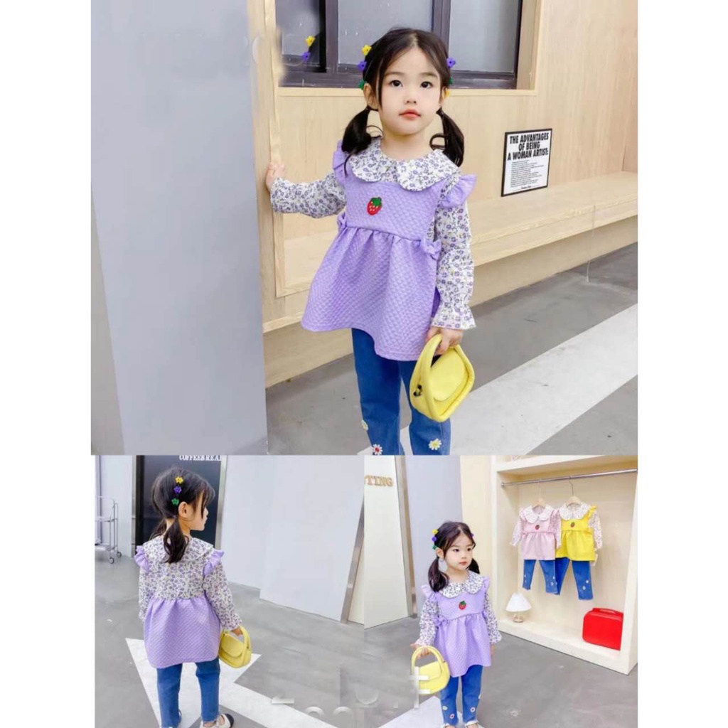 KFCAT Setelan Baju Dress Atas Lengan Panjang Anak Perempuan Katun Crincle Stroberi Celana Panjang Rawis Korean Style