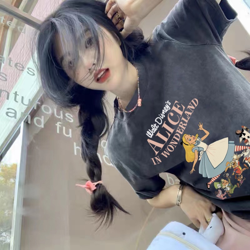 &quot;ALICE&quot; T shirt Hitam Washed Baju Wanita Kaos Lengan Pendek Korean Style Graphic Tee 004