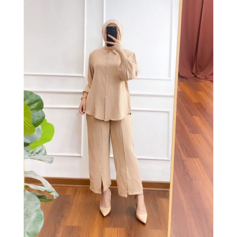 FREE ONGKIR SETELAN POLOS CRINGKLE AIRFLOW PREMIUM - ONE SET MOZA BLOUSE DAN KULOT KEKINAN