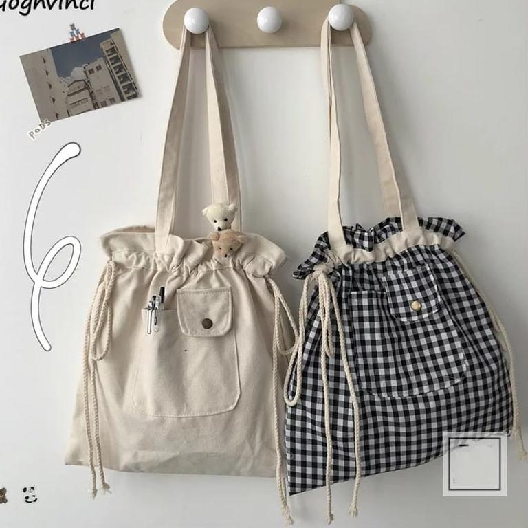 BOOMING AC TBDSCK Drawstring Linen Canvas Drawstring Tote Bag Tas Serut Jinjing Bahu Kanvas Motif Ko