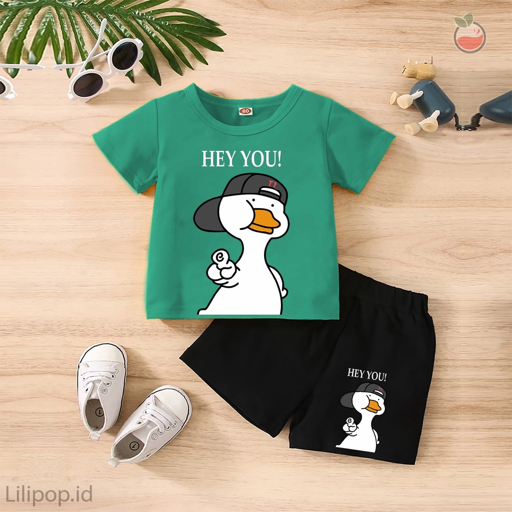 Baju Anak Stelan Kaos 3/4  DUCK CUTE Cowok Cewek  Usia 1 - 4 Tahun Celana Pendek Harian