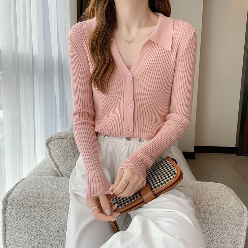 Korean Atasan Wanita Lengan Panjang Polos Rajut Kancing Outer