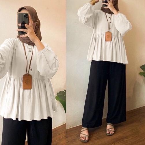 ۝ Baju Model Tunik Putih Hitam Terbaru Premium Crinkle Remaja Lebaran Modern kekinian Murah AB031 ♠