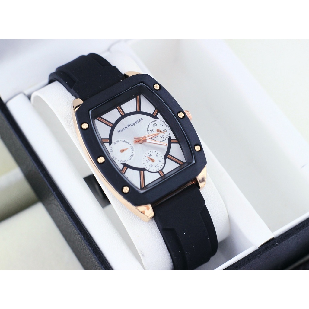 BEST SELLER JAM TANGAN WANITA HUSH PUPPIES ANALOG J28 TALI RUBBER BODY KOTAK DM 3.5CM FREE BOX &amp; BATERAI || JAM TANGAN FASHION WANITA JAM TANGAN CEWEK MURAH