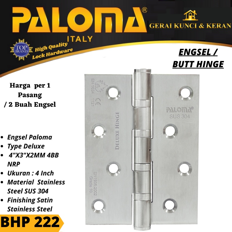 PALOMA BHP 222 BUTT HINGE ENGSEL PINTU DLX 4&quot;X3&quot;X2MM 4BB NRP STAINLESS SUS 304 NEW