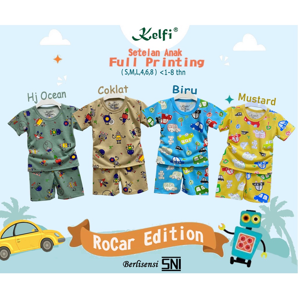 KELFI SETELAN ANAK FULL PRINTING / SET BAJU ANAK COWOK / CEWEK USIA 1- 8 TAHUN &quot;ROCAR EDITION&quot;