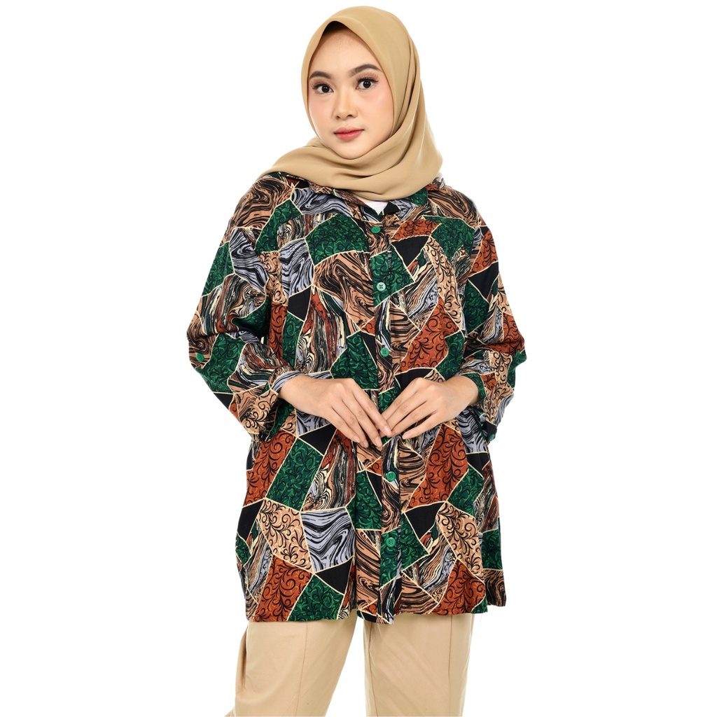 Kemeja Atasan Wanita Jumbo Katun Rayon Oversize Adem Batik Solana