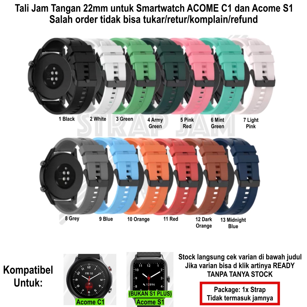 T2E 22mm Strap Smartwatch Acome C1 (Bulat) / S1 (Kotak) - Tali Jam Tangan Karet Rubber Keren