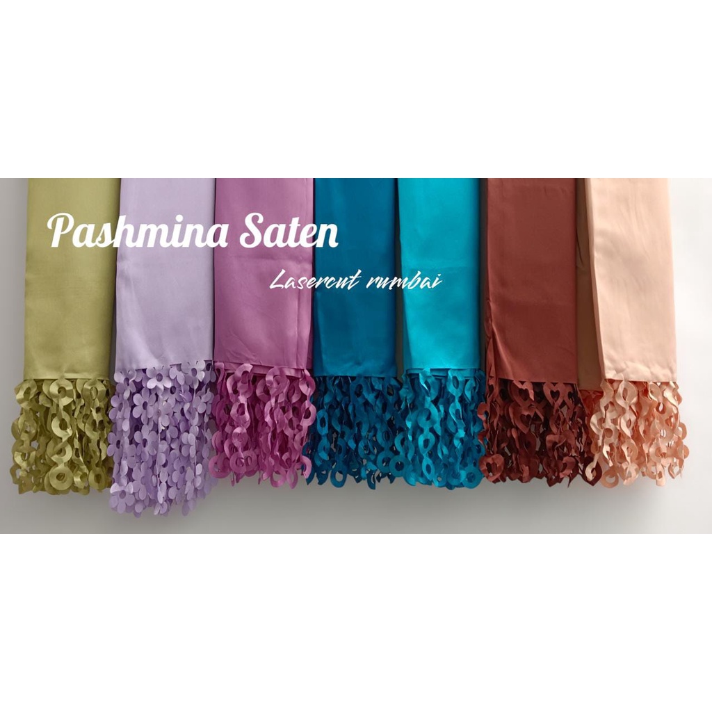 Pashmina Laser Cutting bahan Satin Polyester Silk | Kerudung Jilbab Rumbai | Selendang Saten