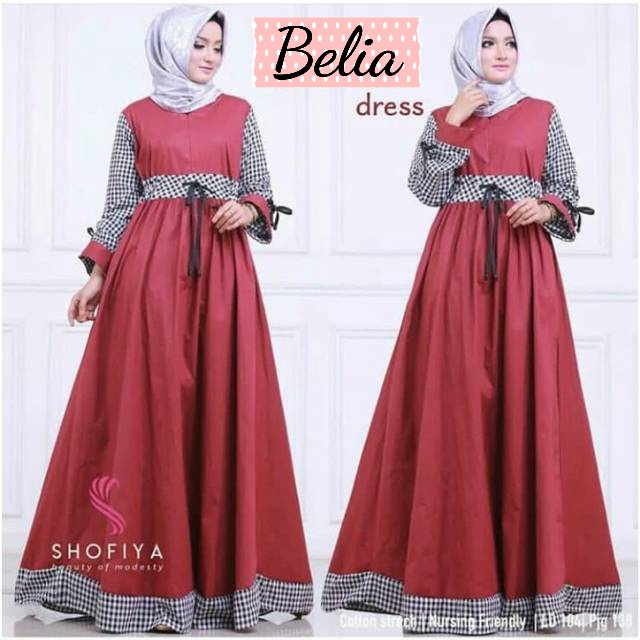 BELIA - DRESS GAMIS BAJU KONDANGAN PESTA MOTIF KOMBINASI KOTAK WARNA POLOS MERAH MARUN MAROON MARON 