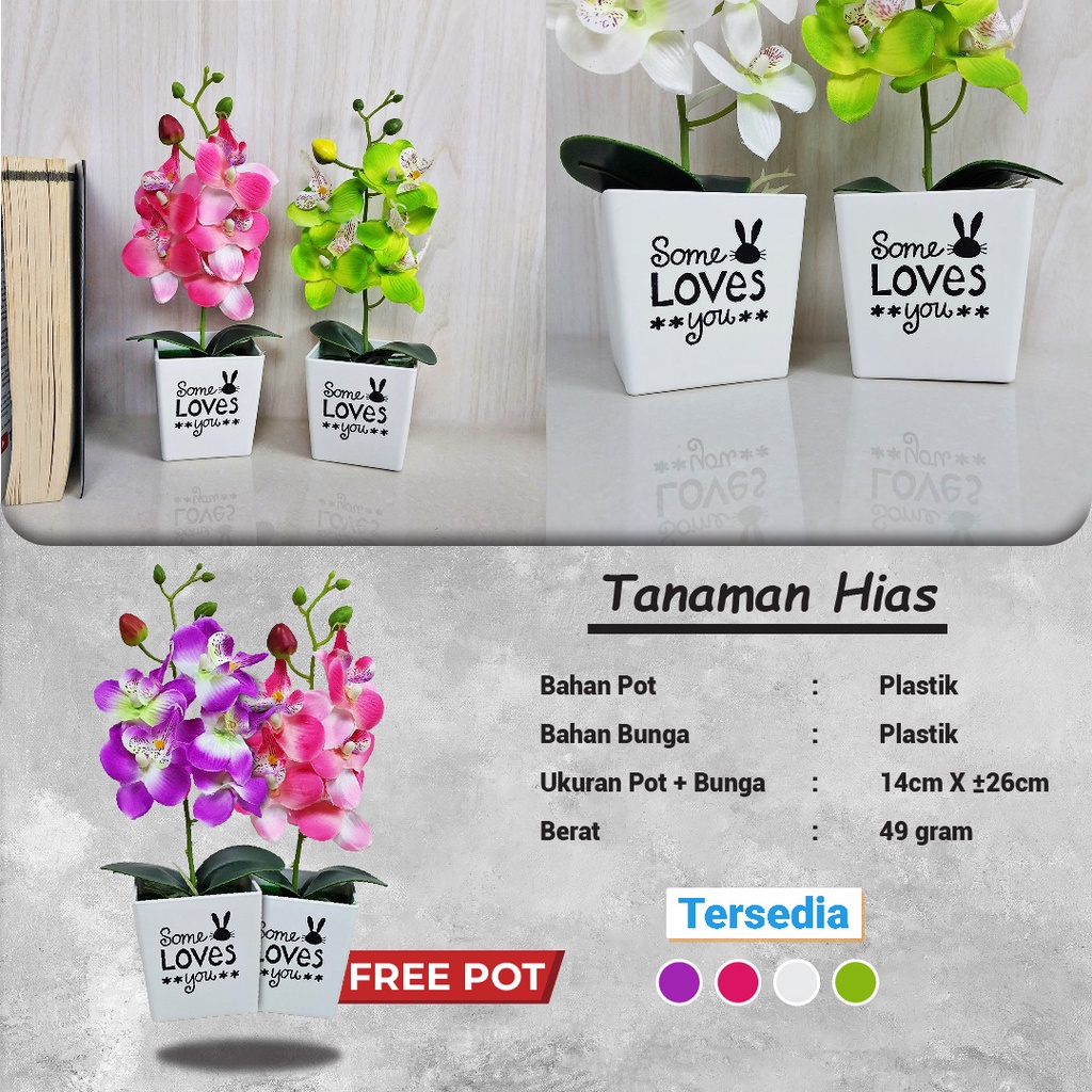 Satu7an PBP08 BUNGA ANGGREK PLASTIK BUNGA PALSU + POT BUNGA DECORATIVE FLOWER LATEX ARTIFICIAL