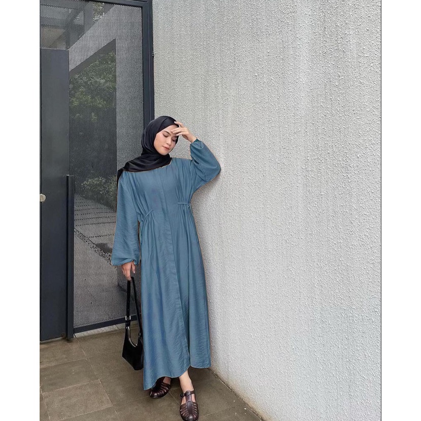 Clarissa Midi Dress Wanita - Bahan Polo Linen Premium Fashion Muslim Korean Style Perempuan Dewasa Dress Gamis Busui Lengan Balon Jumbo Size M,L,XL,XXL LD 120 Kekinian Motif Polos Terbaru 2023
