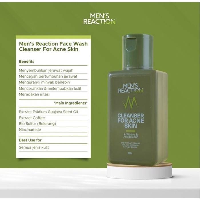 Sabun Muka Menyembuhkan Mencegah Membersihkan mengurangi Meredakan jerawat kemerahan Iritasi Minyak belebih Kototan Noda Pori Pori Kulit Wajah MENS REACTION Cleanser for Acne Skin Melembabkan Menyegarkan Kulit Wajah Skincare pria Ampuh Original BPOM