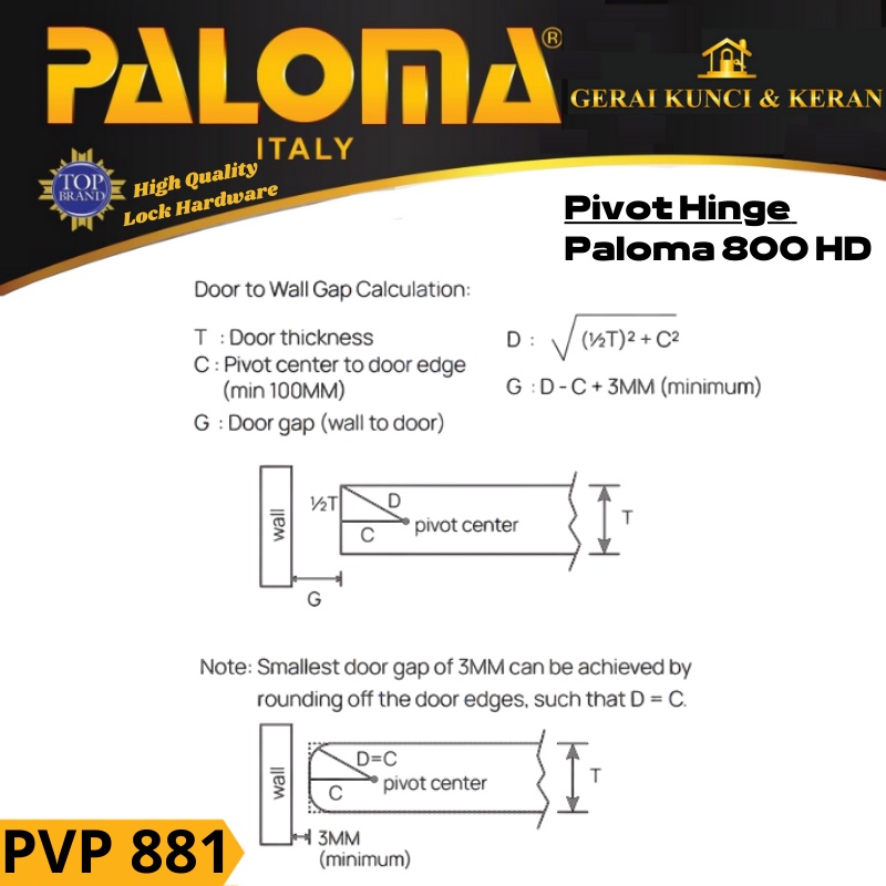 PALOMA ENGSEL PIVOT HINGE PVP 881 ENGSEL TANAM LANTAI PINTU KAYU BERAT