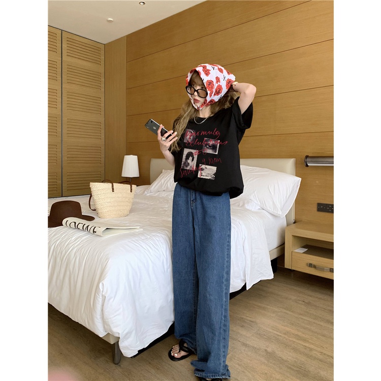 EUNII T-shirt Lengan Pendek Retro CD Printing Korean Style/Kaos Atasan Wanita/Baju Kaus Oversize Wanita/Kaos Wanita