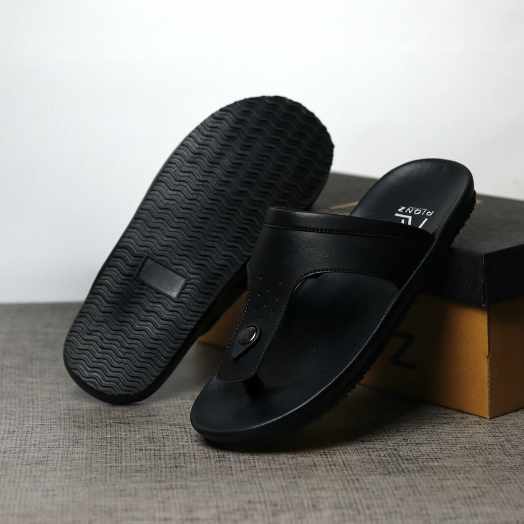 RIONZ ROBERTO - Sandal Pria Jepit Kulit PU Hitam Coklat  Gaya Kekinian Murah - Sandal Casual Pria Cowok Flip Flop Original Terbaru