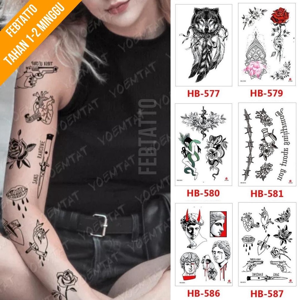 Tato Temporer Ukuran 21cmx15cm Motif Aesthetic Tatto Temporary Stiker Tato Halal Grosir Tato air motif serigala, bunga, ular, tulisan, patung yunani, pistol, pedang HB 587