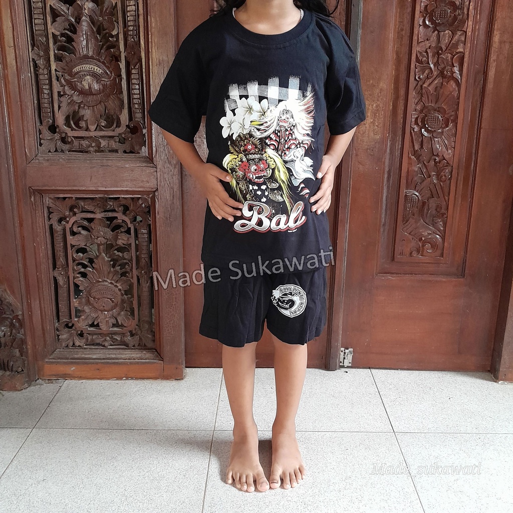 Setelan baju kaos celana anak Katun Barong Rangda Bali Lonto Bocah