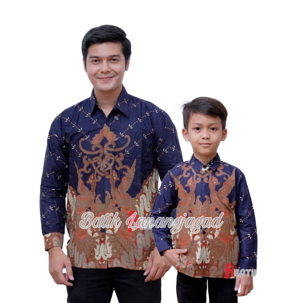 Batik Pria Couple Batik Ayah dan Anak Laki Laki Kemeja Batik Anak Cowok Warna Biru Motif Platuk kembar