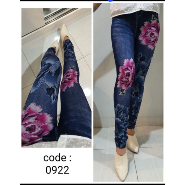 Legging Motif Jeans Import Motif Bunga Leopard Fashion Wanita