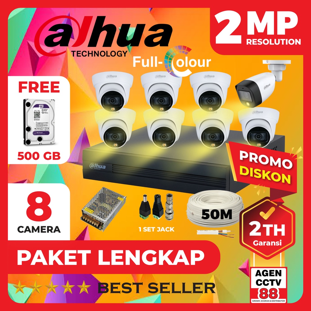 Paket CCTV DAHUA 8 Channel Kamera 8CH FULL COLOR 2MP Colorvu  Lengkap