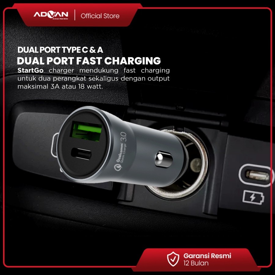 Car Charger Advan StartGo CC30A 18Watt 2Port USB A&amp;C 3 Ampere (H-406D)