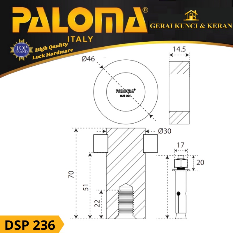 DOOR STOPPER PALOMA DSP 236 PENAHAN PINTU KARET  RUBBER FLOOR STAINLESS