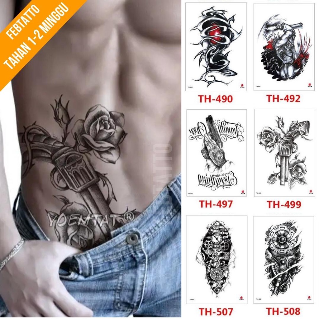 Tato Temporer Ukuran 21cmx15cm Motif Aesthetic Tatto Temporary Stiker Tato Halal Grosir Tato air motif pistol, bunga, tulisan, tribal robot, ksatria TH 499