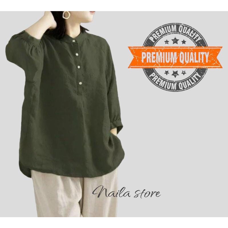 Kemeja Linen Wanita Kerah Shanghai Lengan 3/4 CERIA SHIRT Kancing Dada Hidup Jumbo Big size OOTD Remaja Dewasa Kekinian