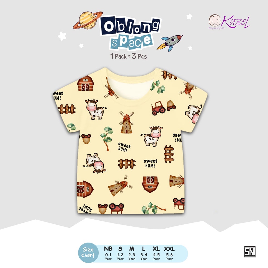 3pcs KAZEL TSHIRT OBLONG TIPIS SPACE 0-6 TAHUN KAOS OBLONG TIPIS / ATASAN SEHARI HARI ANAK LAKI-LAKI