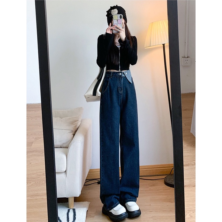 Celana Jeans Panjang Wanita Retro Desain Tombol Loose Wide Leg High Waist Jeans Korean Style