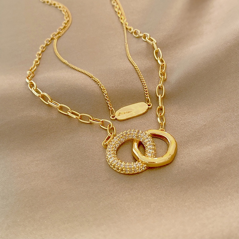 Geometris Lingkaran Double-layer Kalung Wanita Zirkon Liontin Keren Choker Necklaces